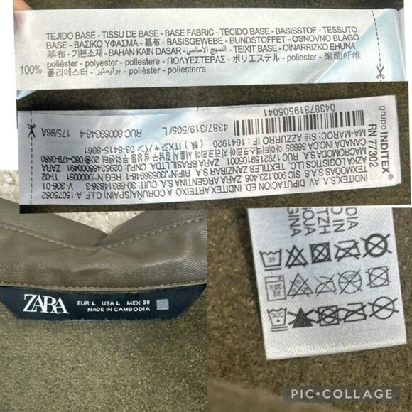 Zara khaki faux leather V-neck belted midi dress lapel collar long sleeve L NWOT - Picture 13 of 16